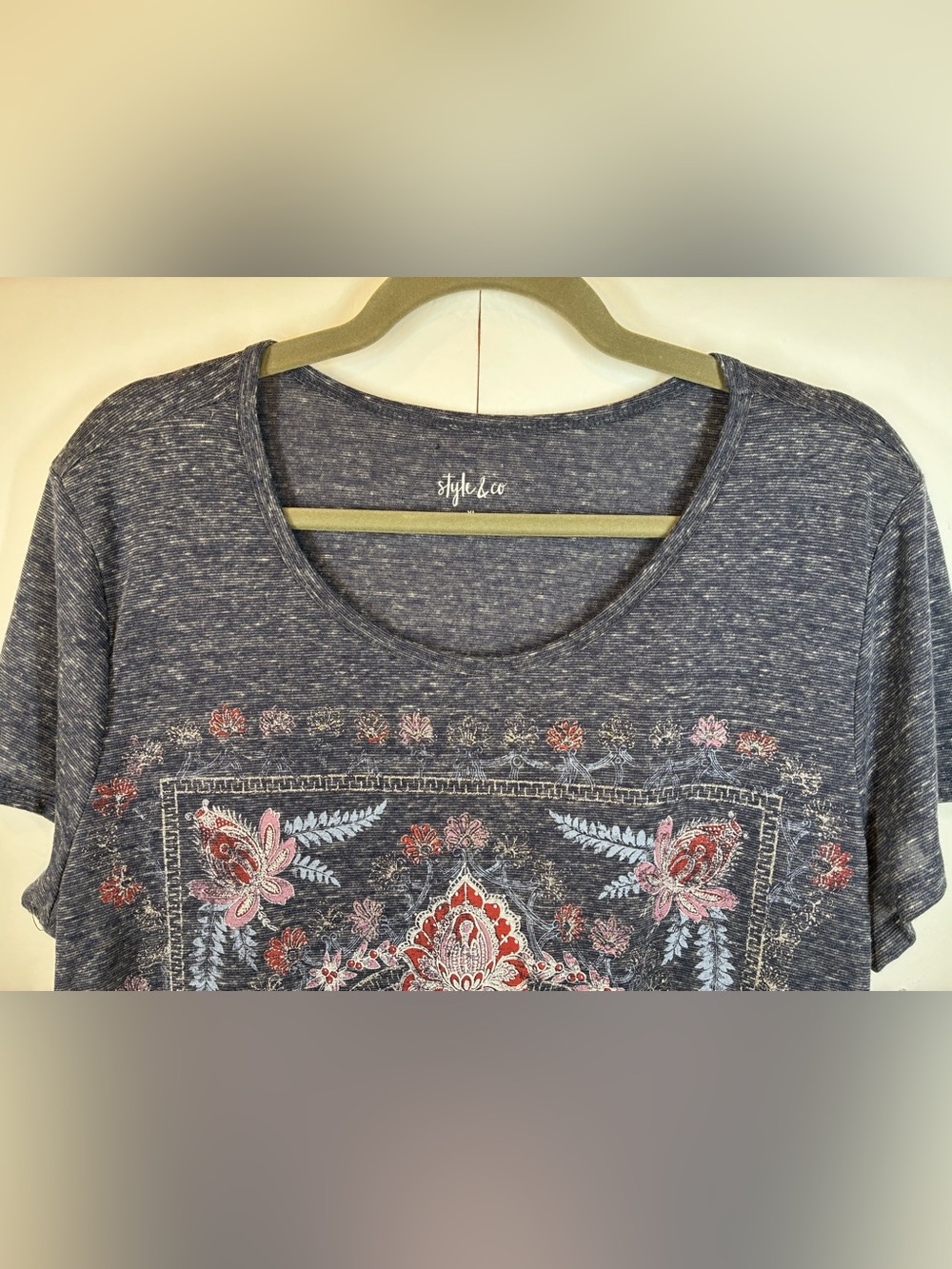 Style & Co. Women's XL Blue Marled Floral Medallion Graphic Short Sleeve Tee Top - Picture 2 of 7